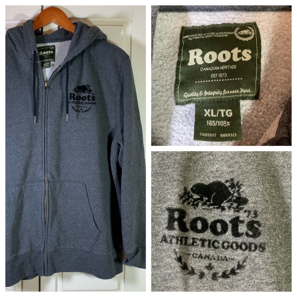 Roots Mens XL Full Zip Hoodie Charcoal Grey Canadian Heritage Beaver Logo Fleece